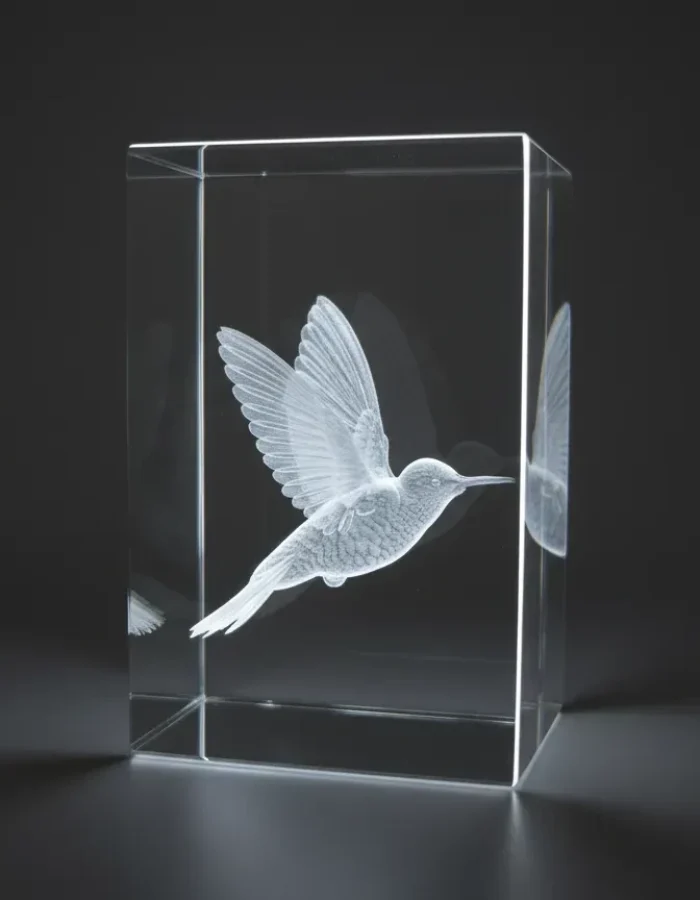 Engraved Crystal Block with 3D Hummingbird Design