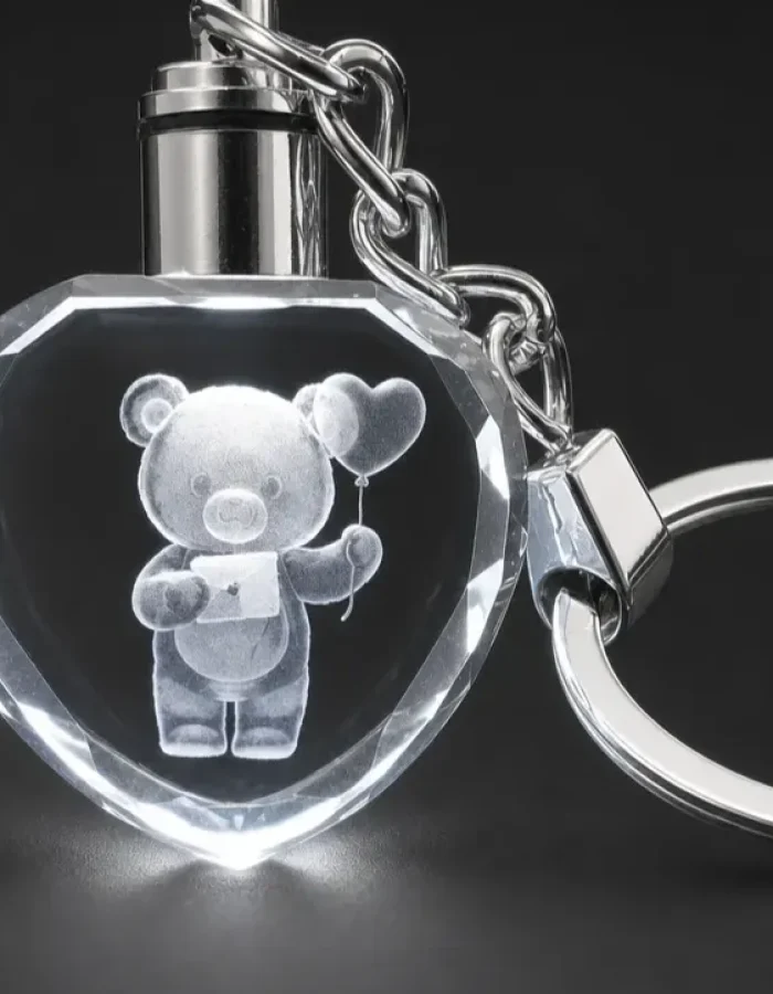 Heart-shaped glass keychain with 3D teddy bear