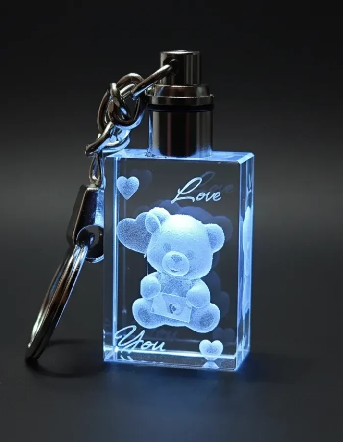 Laser Engraved Glass Keychain with Bear and LED Light